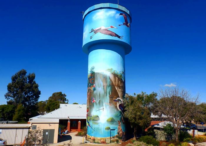 Lockhart Water Tower Mural's cascading waterfall, on Green Street